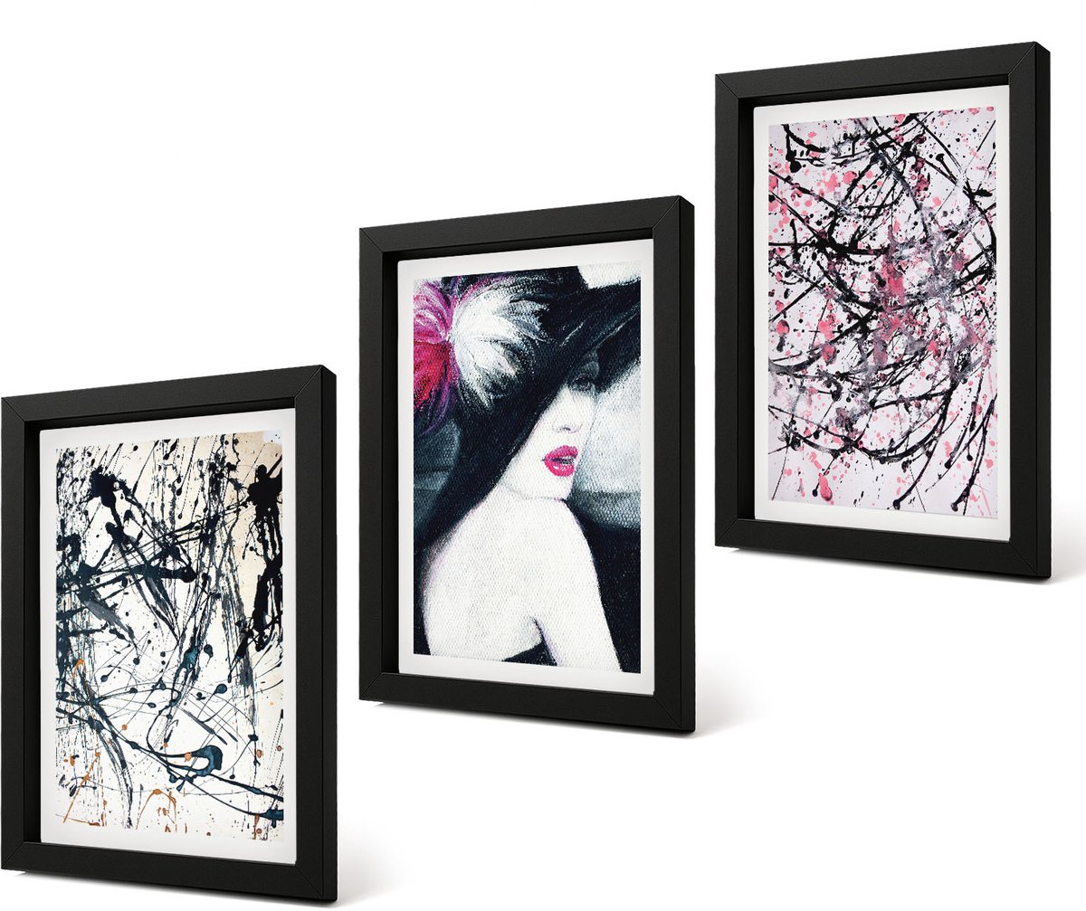 Coloray 4-Delige Schilderij Set - Abstracte verfpatronen Vrouw met hoed - 20 x 30 cm - Wanddecoratie - Woonkamer Decoratie - Decoratieve Schilderijen
