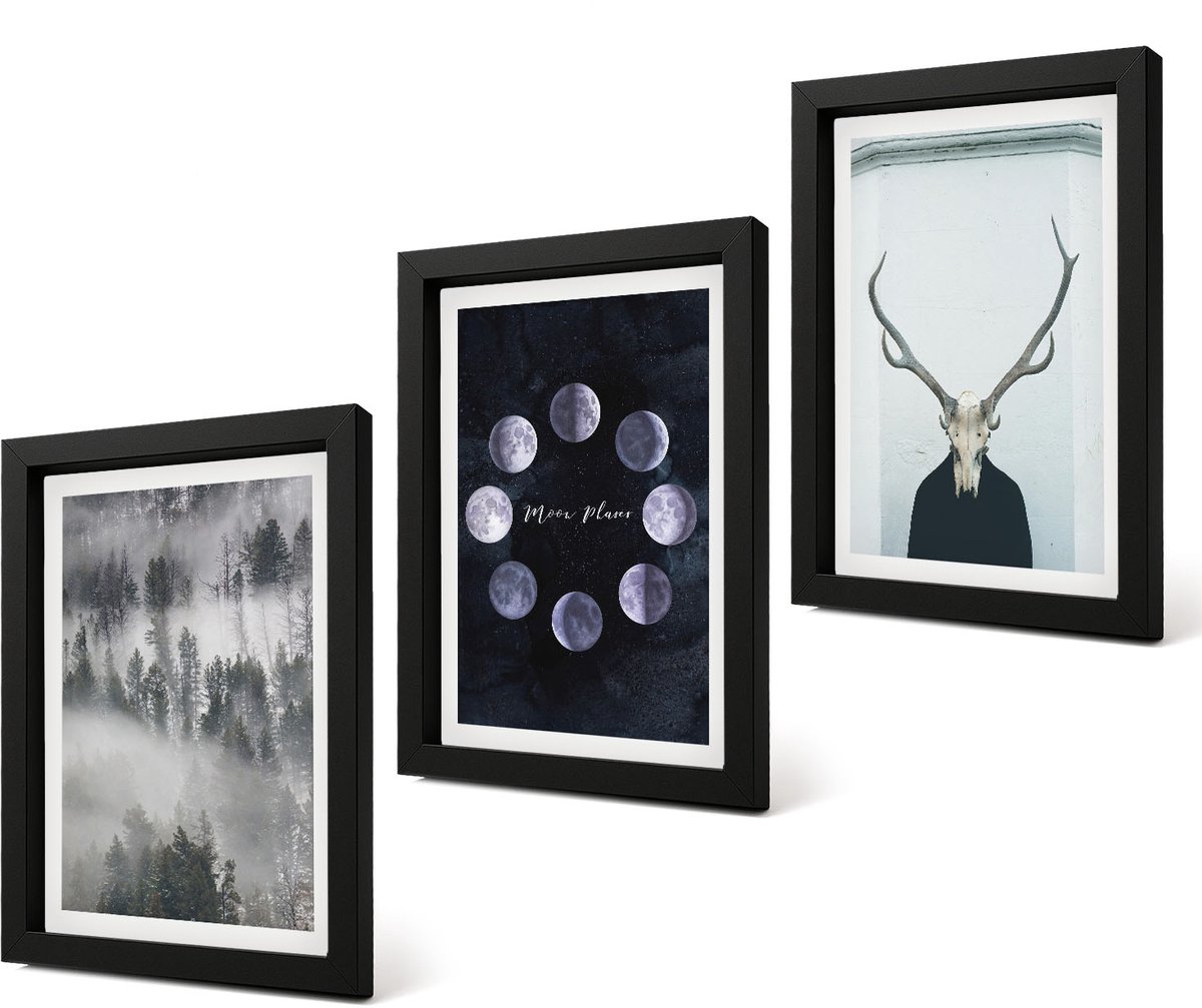Coloray 4-Delige Schilderij Set - Boslandschap in de mist Maanfasen Hertenschedel - 20 x 30 cm - Moderne Wanddecoratie - Woonkamer - Muurdecoratie