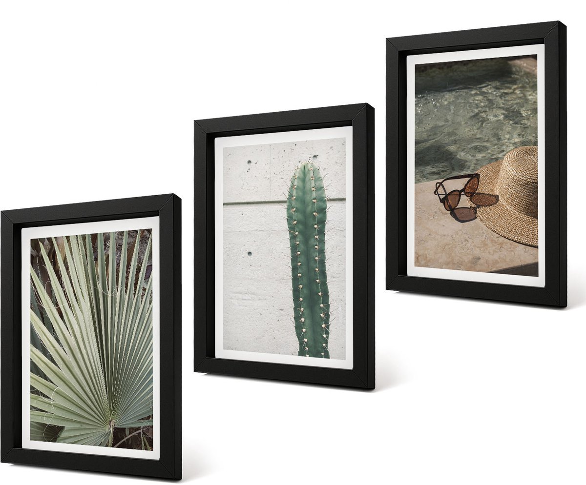 Coloray 4-Delige Schilderij Set - Tropische planten en vakantieaccessoires aan het water - 20 x 30 cm - Muurdecoratie - Interieur Decoratie - Woonkamer Decoratie
