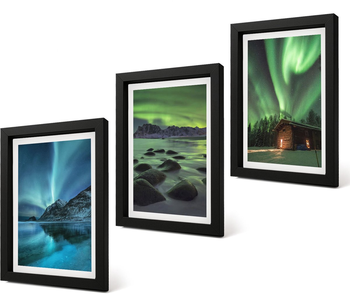 Coloray 4-Delige Schilderij Set - Winterlandschappen met het noorderlicht boven de bergen - 20 x 30 cm - Muurdecoratie - Wanddecoratie - Slaapkamer - Stijlvolle Muurdecoratie