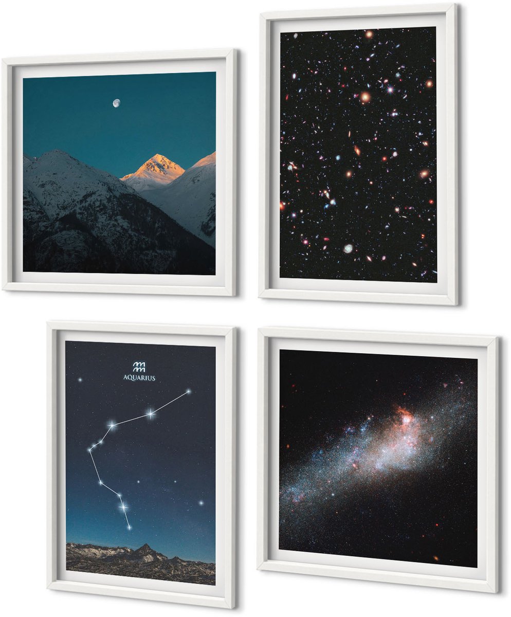 Coloray 4-Delige Schilderij Set - Melkwegstelsel Ruimte Sterrenbeeld Waterman Bergen - 40 x 40 En 40 x 60 - Moderne Wanddecoratie - Slaapkamer - Woonkamer Decoratie