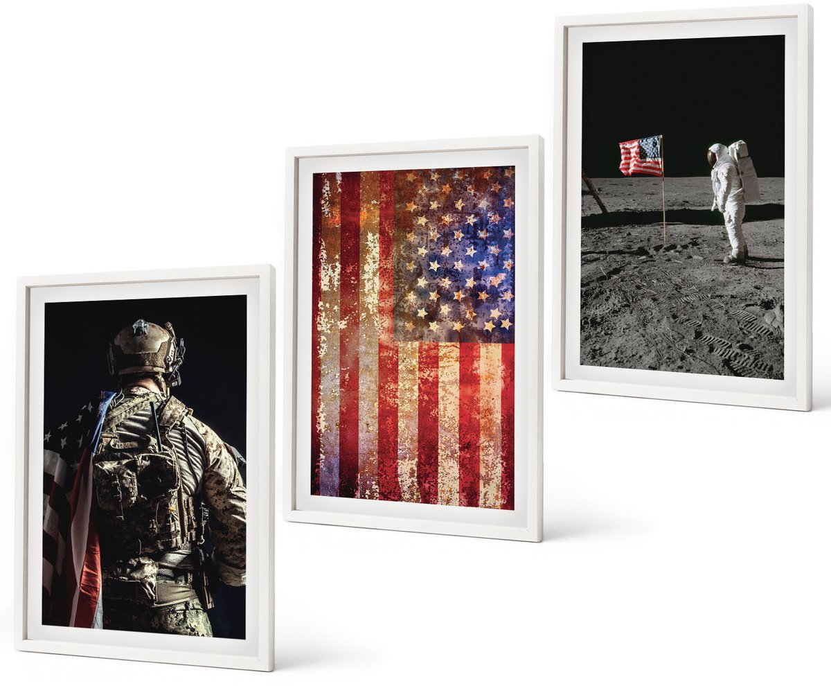 Coloray 3-Delige Schilderij Set - Amerikaanse Nationale Symbolen, Vlag Van De Vs - 40 x 60 - Muurdecoratie - Interieur Decoratie - Stijlvolle Muurdecoratie Witte lijst