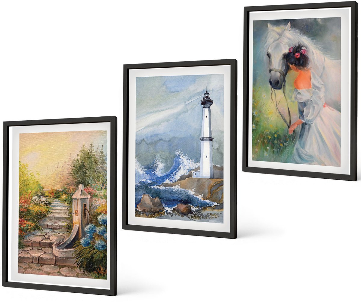Coloray 3-Delige Schilderij Set - Natuurlandschap, Vuurtoren En Meisje Met Paard - 40 x 60 cm - Schilderijen Set - Wanddecoratie - Woonkamer - Moderne Wanddecoratie