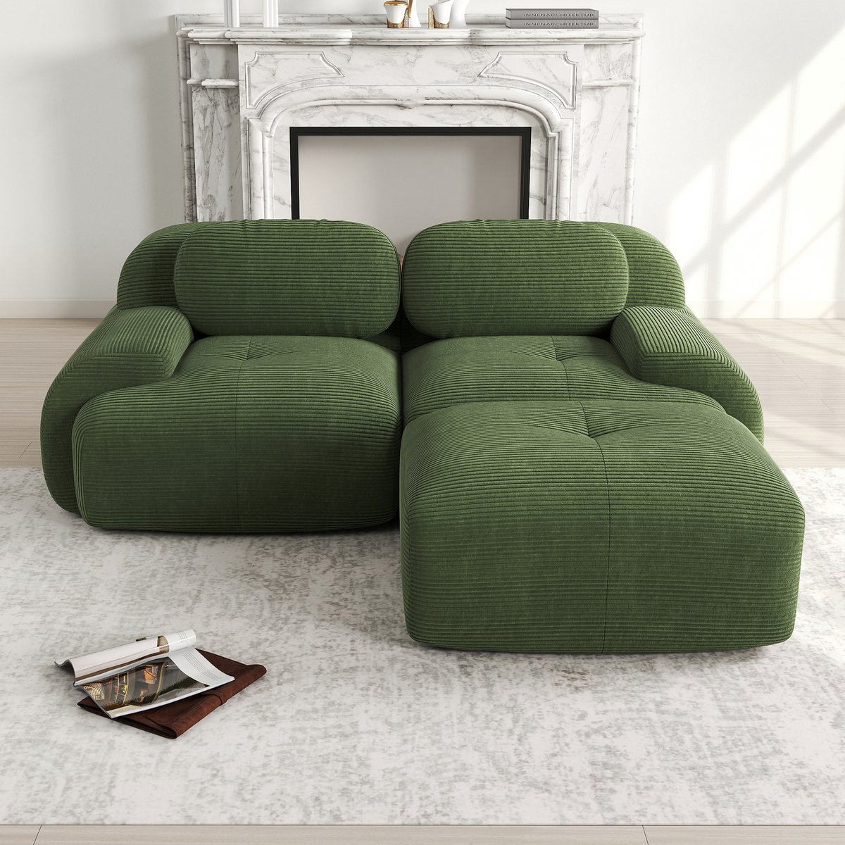 Modulaire frameloze corduroy hoekbank - voor woonkamer, slaapkamer en relaxruimte - 1-zits module - groen - geen montage nodig - ergonomisch gebogen armleuningen - antislip onderkant
