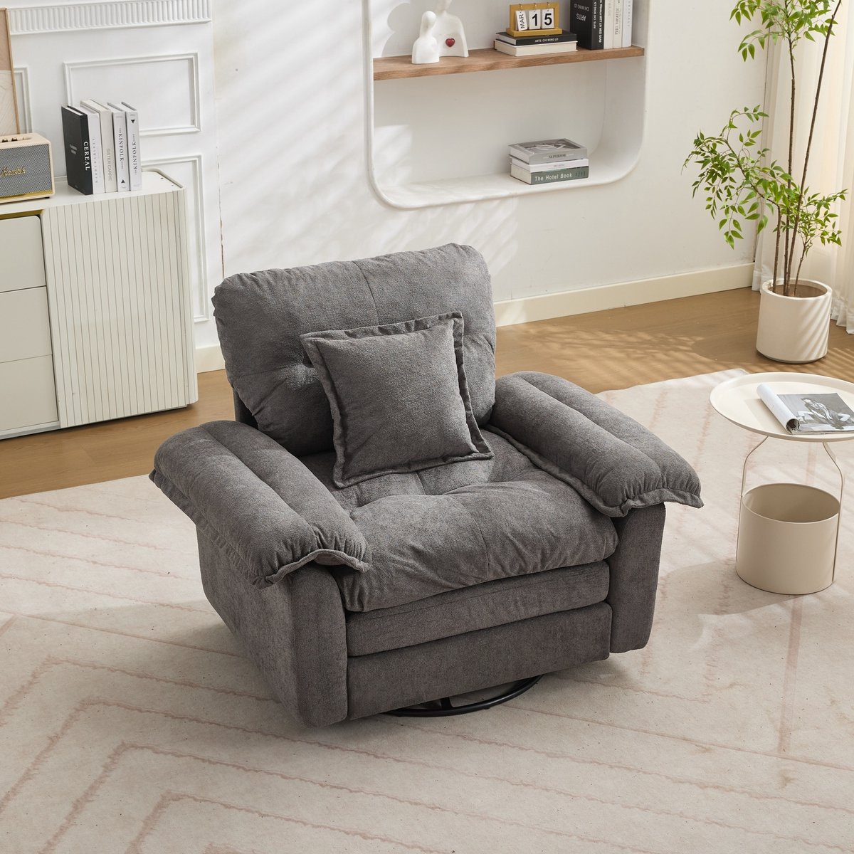 360° draaifauteuil chenille oversized - Voor woonkamer, slaapkamer en kinderkamer - 1-persoons - Crème - Dubbellaags zitcomfort met pocketvering - Stabiele metalen voet tot 136 kg - Ergonomisch steunkussen inbegrepen