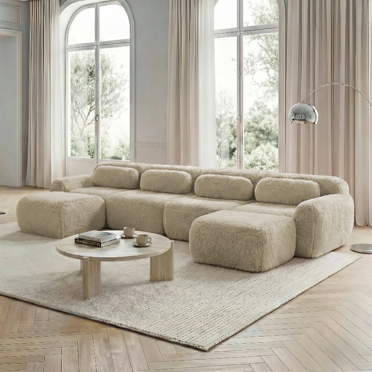 U-vormige modulaire bank - Geen montage, vrij combineerbaar - 4-zits - Lichtkhaki pluche stof - Antislip en ergonomisch - 32D hochelastische schuimvulling - Inclusief bijpassende kussens - Geschikt voor woonkamer