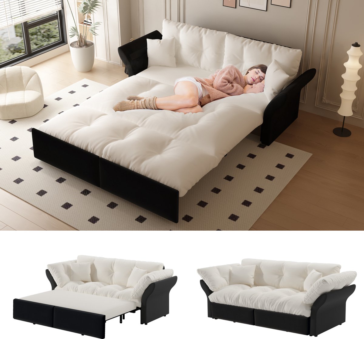 3-in-1 uittreksofa slaapbank - Geschikt als logeerbed en loungebank - 2 personen Queen-size - Beige/wit fluweel - 190 cm uitrekbaar - Inclusief 2 zachte kussens en tufting - Stalen frame versterkt