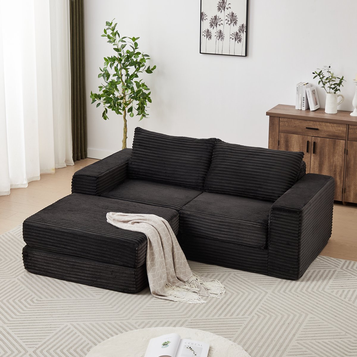 2-in-1 corduroy slaapbank met losse voetenbank - Flexibel configureerbaar voor woonkamer en logeerbed - Geschikt voor 2-3 personen - Klassieke vierkante armleuningen - Modulair en vrij combineerbaar - Volledig schuim, 2 kussens inbegrepen
