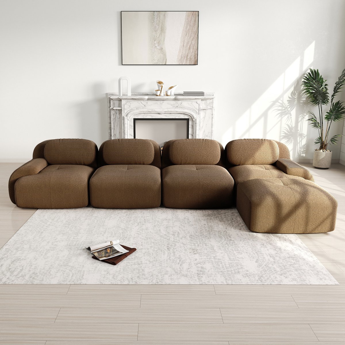 Modulaire 4-zits hoekbank met chaise longue - Voor woonkamer, kantoor en thuisbioscoop - Bruin corduroy - Frameloos en montagevrij - 32D hochelastisch schuim - Antislip en brede armleuningen