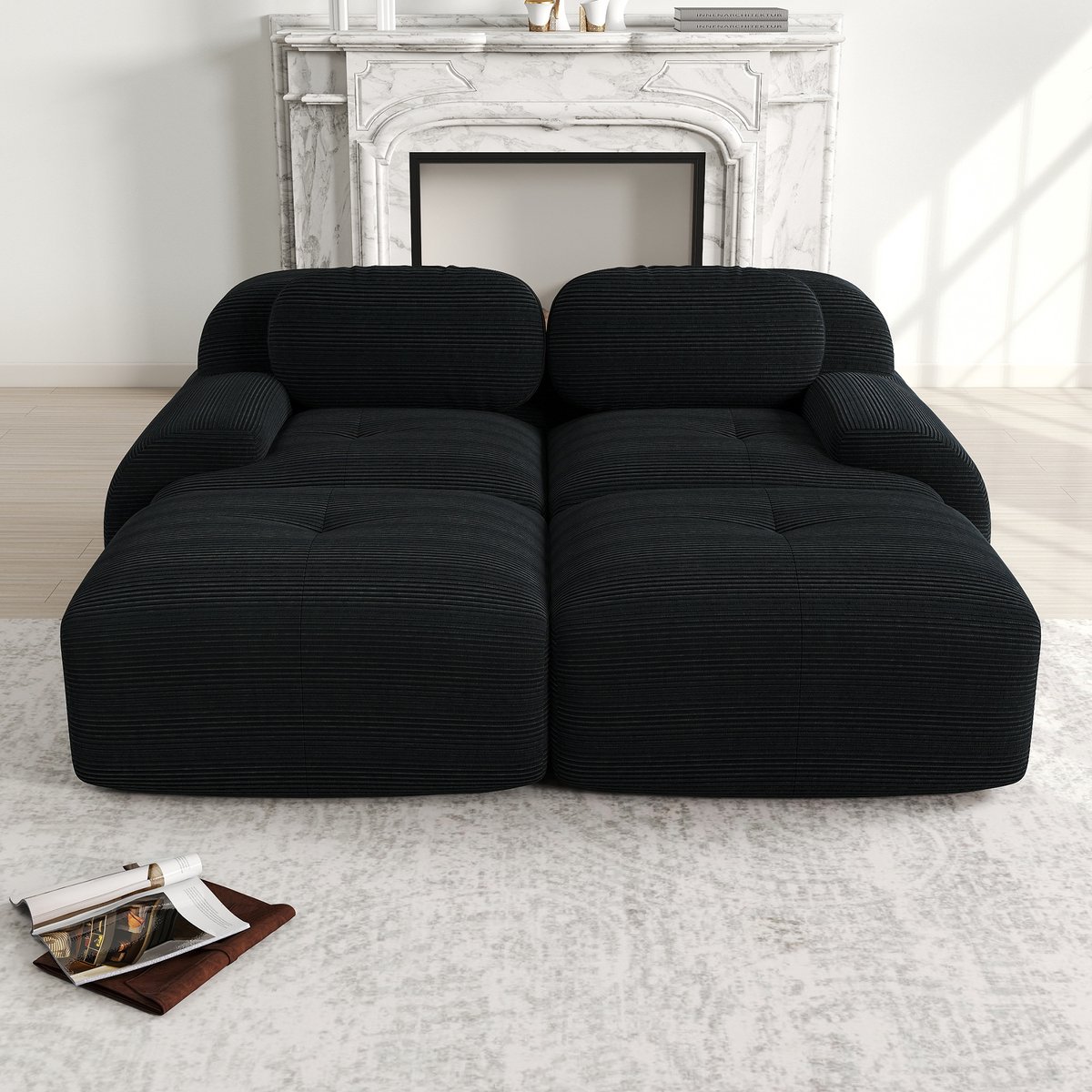 Modulaire 2-zits bank met chaise longue - voor woonkamer en slaapkamer - Zwart - ribcord stof - frameloos en montagevrij - ergonomische armleuningen - 32D hoogelastisch schuim - antislip