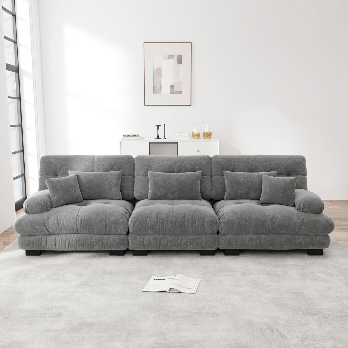 Modulaire 3-zits slaapbank met diepe zit - voor woonkamer en studio - 3-zits - Grijs - chenille stof, cloud comfort - ronde armleuningen als hoofdsteun - vacuüm verpakt, geen montage, incl. lendenkussens