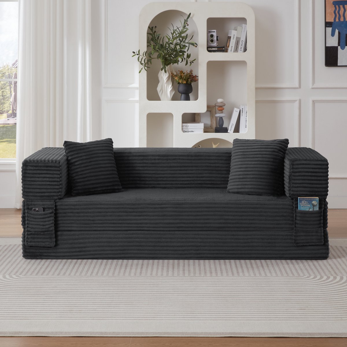Corduroy slaapbank - omvormbaar tot tweepersoonsbed - 2 personen - diverse kleuren - klassiek vierkant design - uniek tweelaags kussenontwerp - hoogdicht schuim