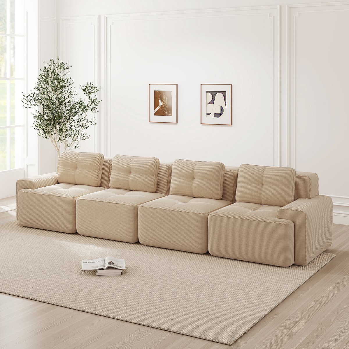 Modulaire 4-zits bank zonder frame - Woonkamer - 4-persoons - Beige - Zachte corduroy, 74 cm diepe zit - Geen montage, antislip - 32D schuim, huisdierbestendig