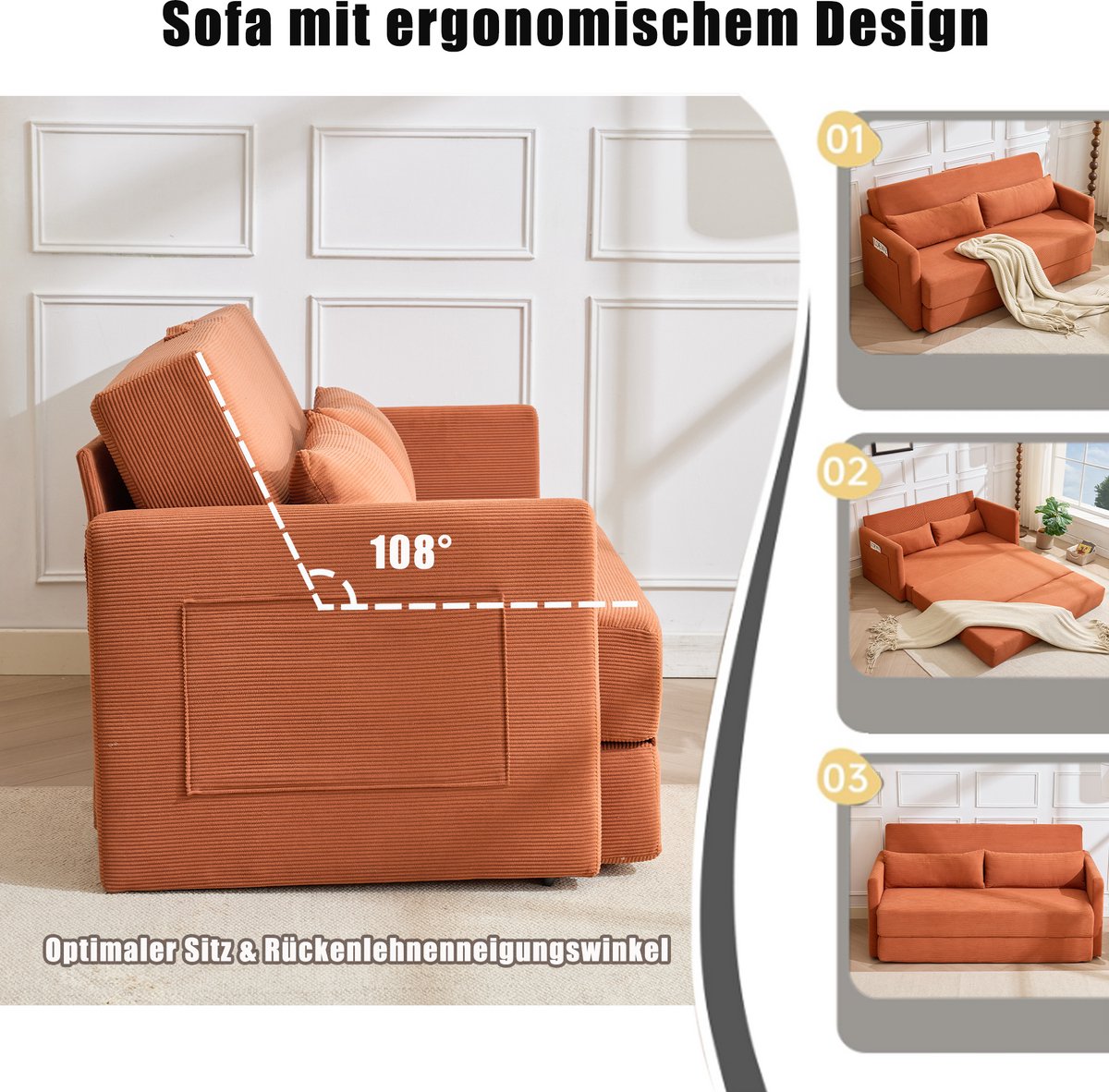 Klapbare slaapbank 2-in-1 - voor kleine ruimtes en appartement - Oranje - 165x92 cm - Zachte corduroy bekleding met 2 lendenkussens - Opbergvakken in armleuningen - Compact vouwontwerp