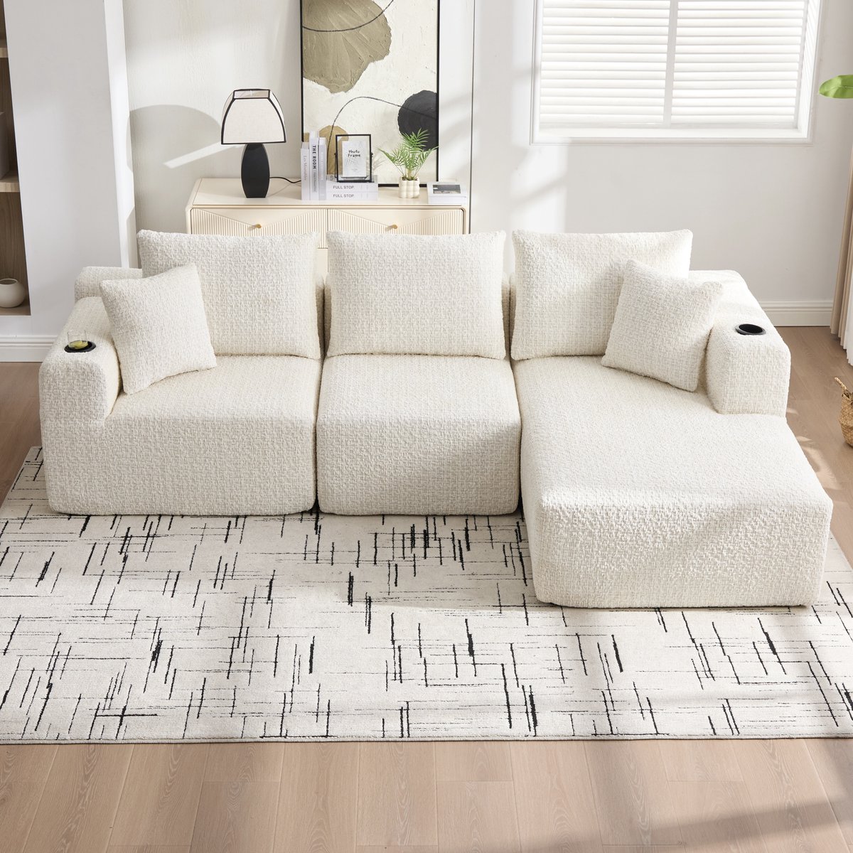 L-vormige 3-zits bank - Met chaise longue en opbergvakken - 261 cm breed - Grijs corduroy - Memory foam, montagevrij - Modulair en bekerhouders