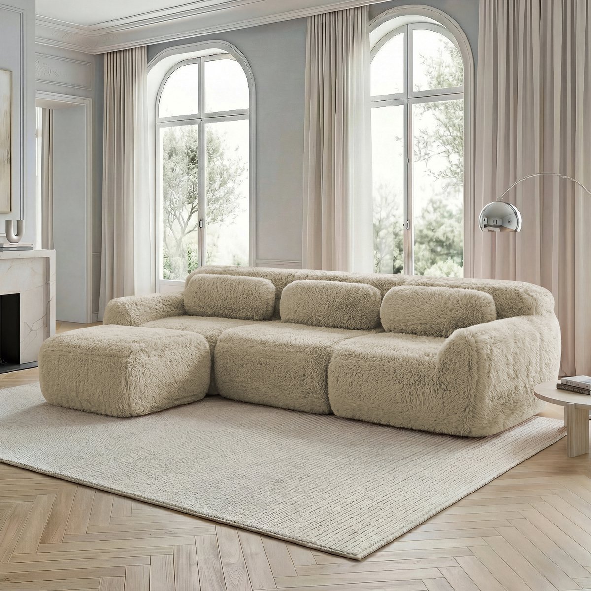 L-vormige modulaire pluche bank - Voor woonkamer en slaapkamer - 3 personen - Lichtkhaki - Geen montage, diepe zit - 32D hochelastisch schuim - Antislip, vrij combineerbaar, inclusief kussens
