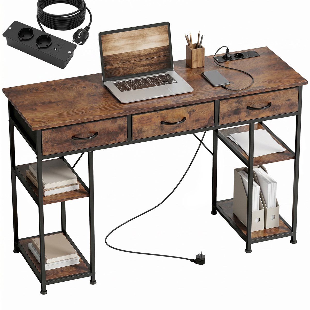 Bureau met opbergruimte en stopcontact – 3 stoffen lades en 4 opbergplanken – 120 x 40 x 76 cm – bruin