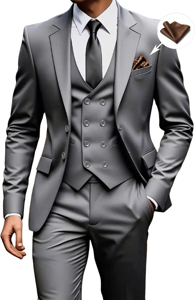 Currero 3 Delig Herenpak Met Overhemd Suit 2 Delig Tailored Fit Kostuum Business Pak Trouwpak Smoking Tuxedo Stijl Bruiloft Kantoor & Feest Grijs