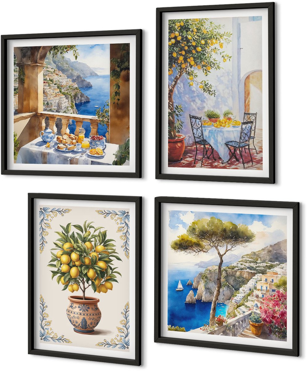 Coloray 4-Delige Schilderij Set - Zeezicht Met Citroenboom En Tuintafel - 40 x 40 cm En 40 x 60 cm - Muurdecoratie - Interieur Decoratie Zwarte lijst