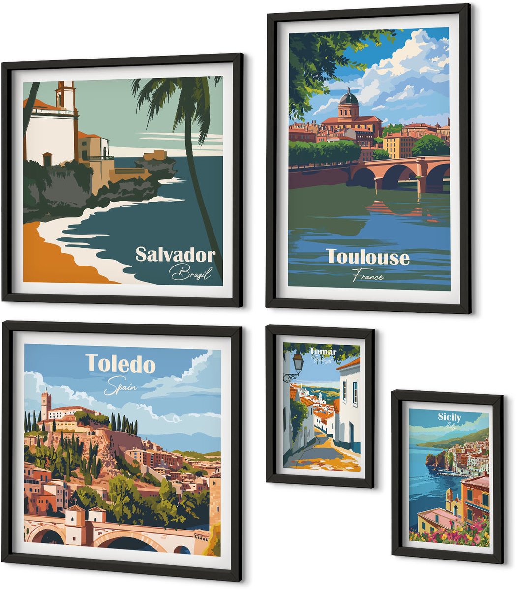 Coloray 5-Delige Schilderij Set - Schilderachtige Uitzichten En Landschappen Van Europese Steden - 50 x 50 cm, 20 x 30 cm En 40 x 60 cm - Stijlvolle Muurdecoratie - Slaapkamer - Moderne Wanddecoratie