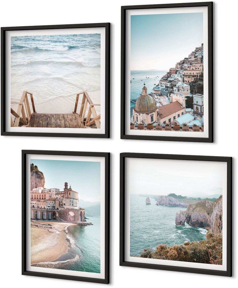 Coloray 4-Delige Schilderij Set - Zomerse Pastelkleuren Met Architectuur Aan Zee En Strand - 40 x 40 cm En 40 x 60 cm - Wanddecoratie - Schilderijen Set - Interieur - Decoratieve Schilderijen Zwarte lijst