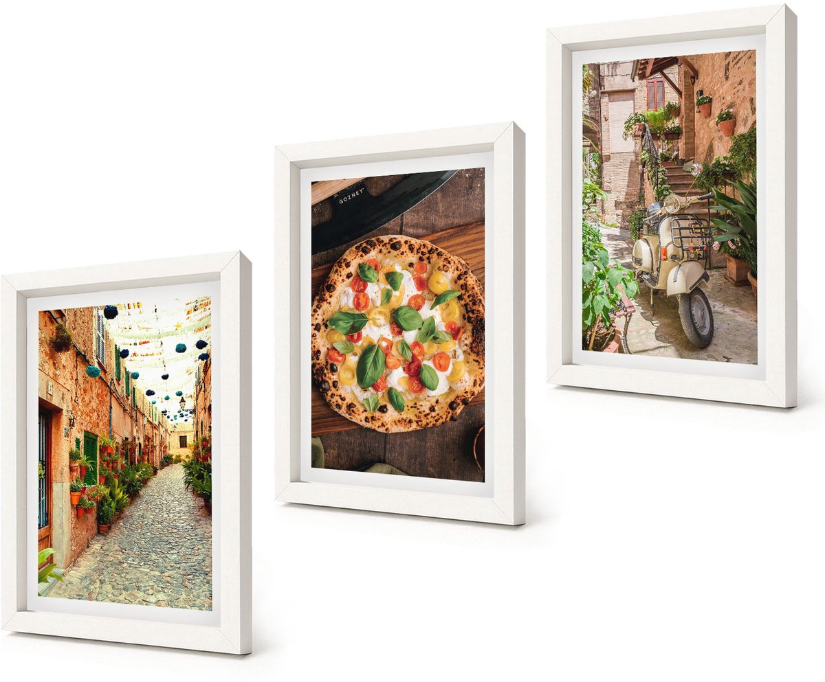 Coloray 3-Delige Schilderij Set - Sfeervolle straatjes met planten en Italiaanse pizza. - 20x30 - Stijlvolle Wanddecoratie - Interieur