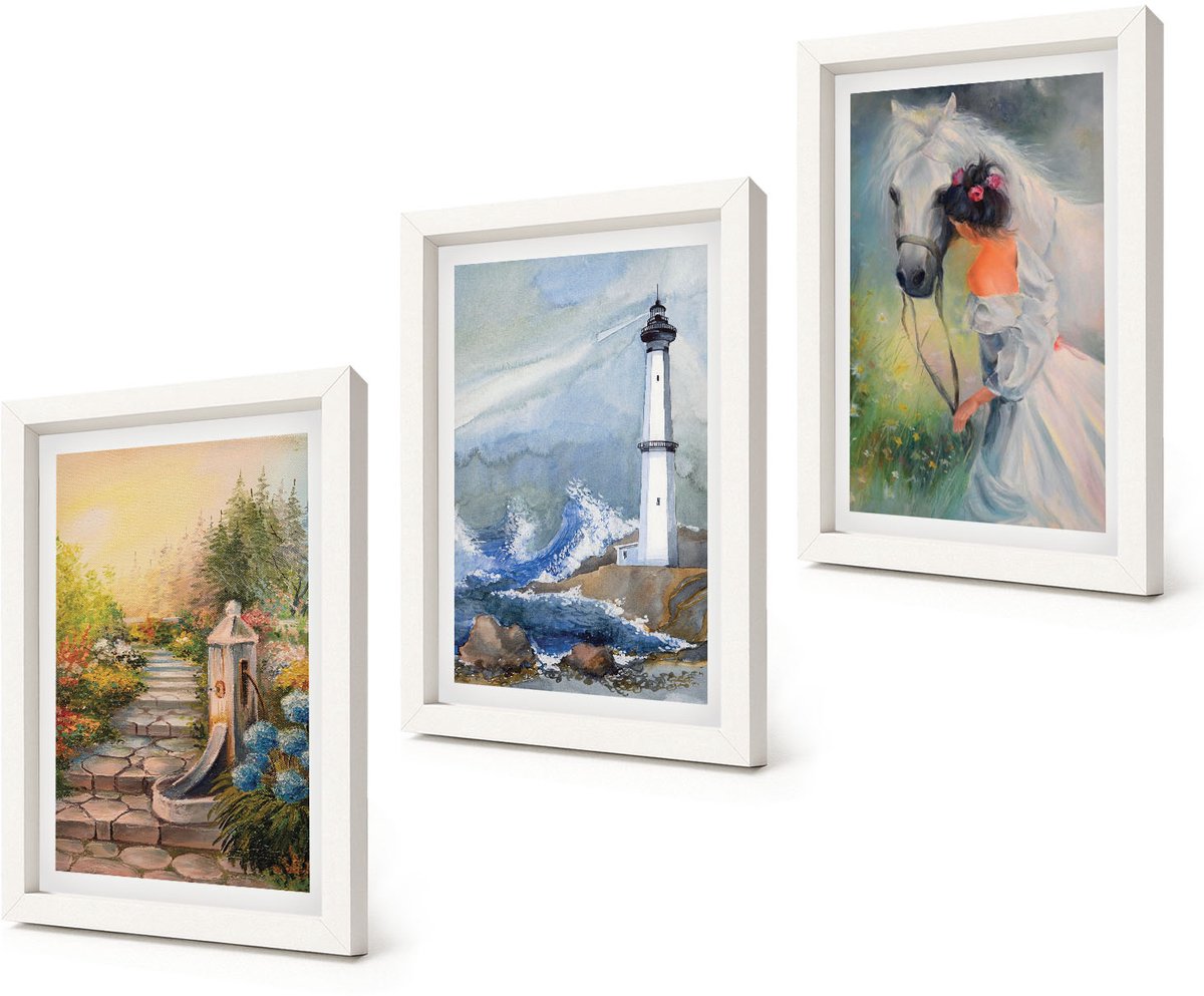 Coloray 3-Delige Schilderij Set - Natuurlandschap, vuurtoren en meisje met paard - 20x30 - Stijlvolle Wanddecoratie - Interieur - Decoratieve Schilderijen