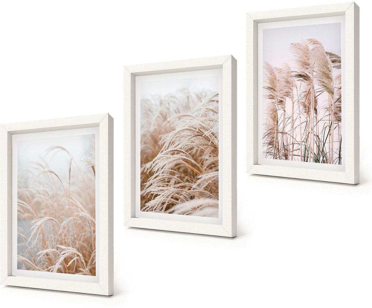 Coloray 3-Delige Schilderij Set - Grasvelden in delicate tinten bruin en beige. - 20x30 - Decoratieve Muurdecoratie - Slaapkamer - Interieur Decoratie