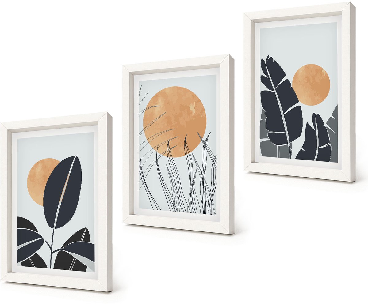Coloray 3-Delige Schilderij Set - Plantenpatronen met grote zonnen in minimalistische stijl - 20x30 - Muurdecoratie - Wanddecoratie - Slaapkamer - Stijlvolle Muurdecoratie
