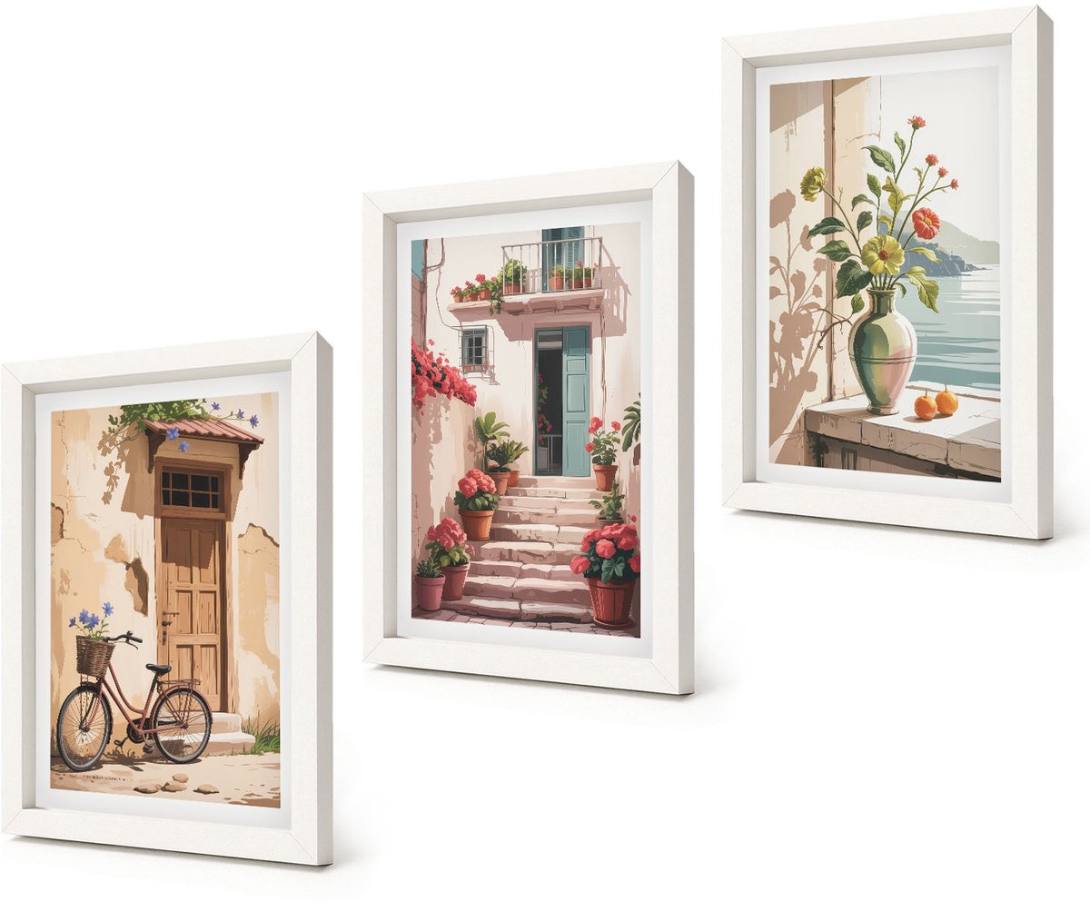 Coloray 3-Delige Schilderij Set - Geschilderde straten met bloemen en een fiets - 20x30 - Moderne Wanddecoratie - Slaapkamer