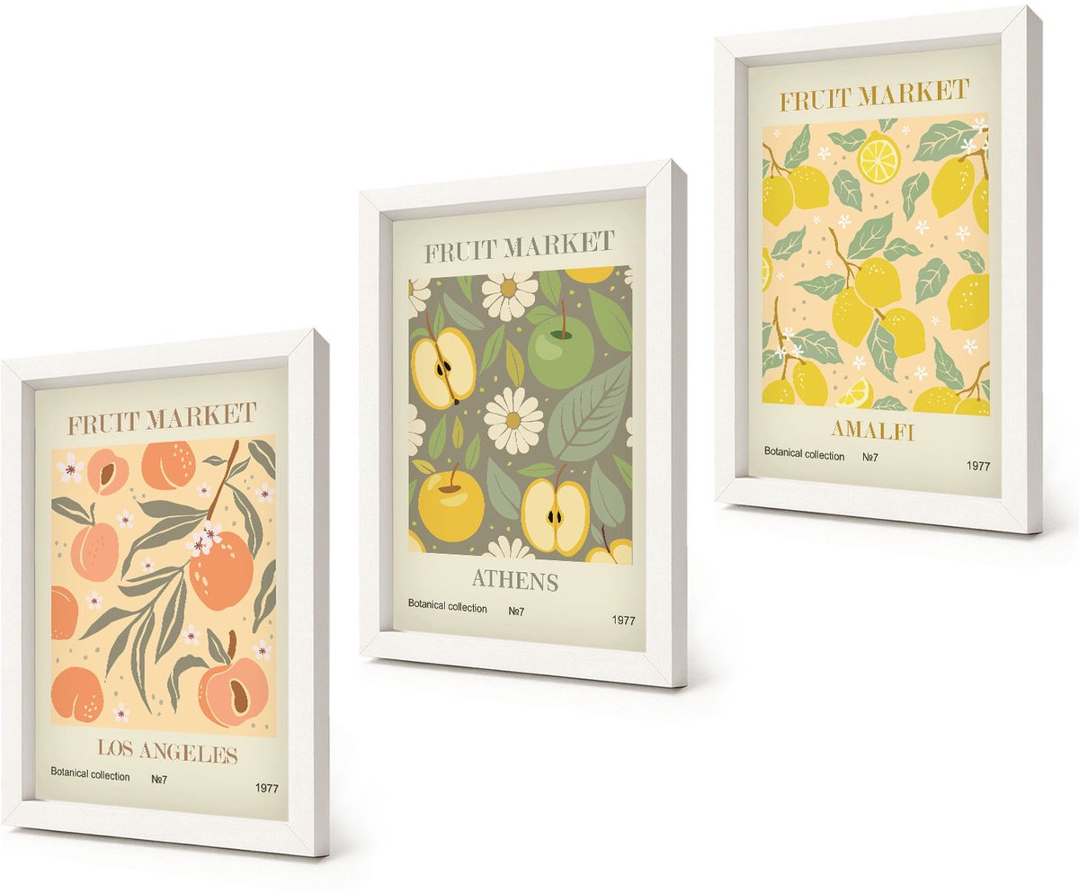 Coloray 3-Delige Schilderij Set - Posters met fruitmotieven in retrostijl - 20x30 - Wanddecoratie - Woonkamer Decoratie - Decoratieve Schilderijen