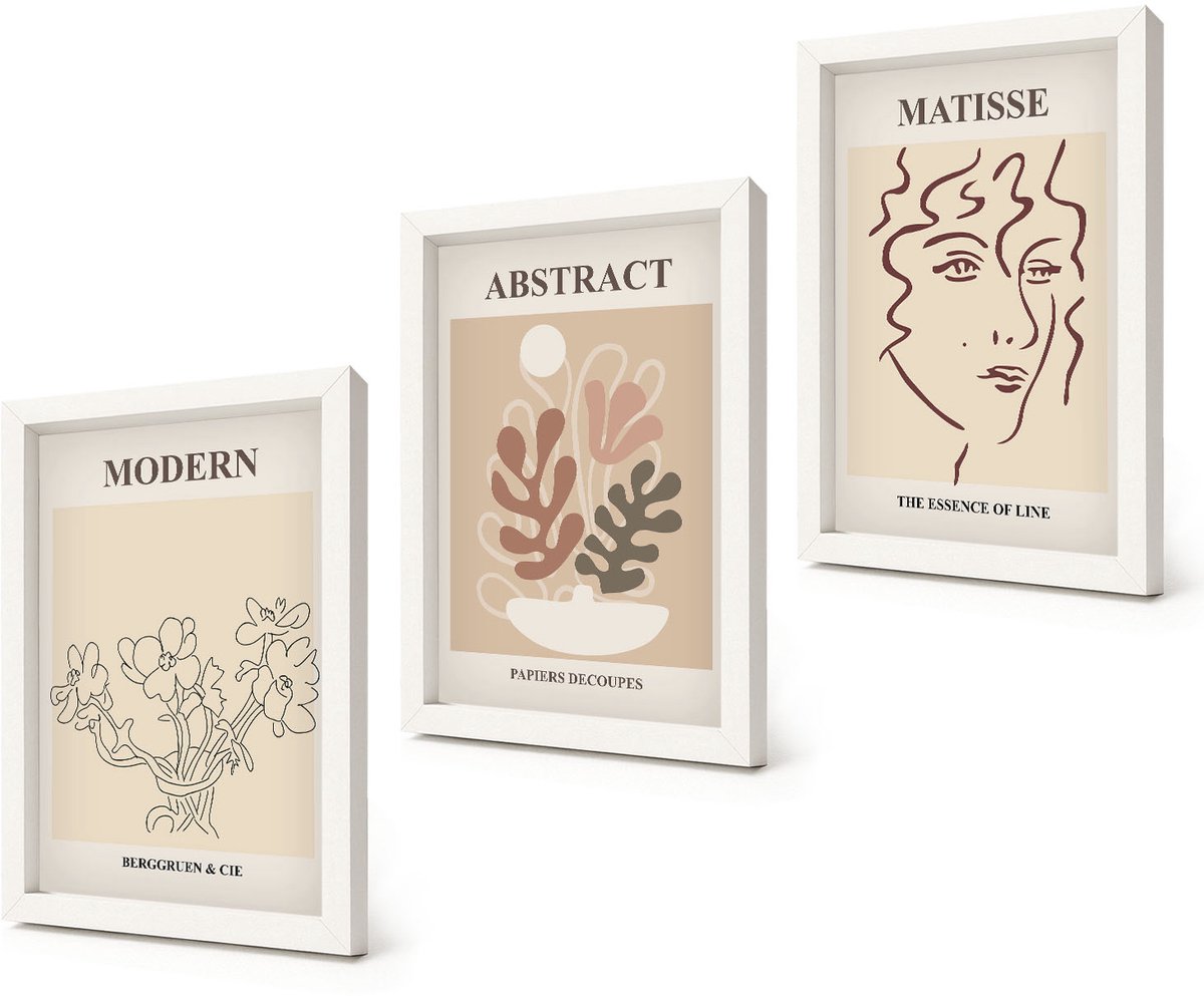 Coloray 3-Delige Schilderij Set - Plantenmotieven en lijnen in een moderne stijl - 20x30 - Wanddecoratie - Moderne Interieurdecoratie - Moderne Wanddecoratie