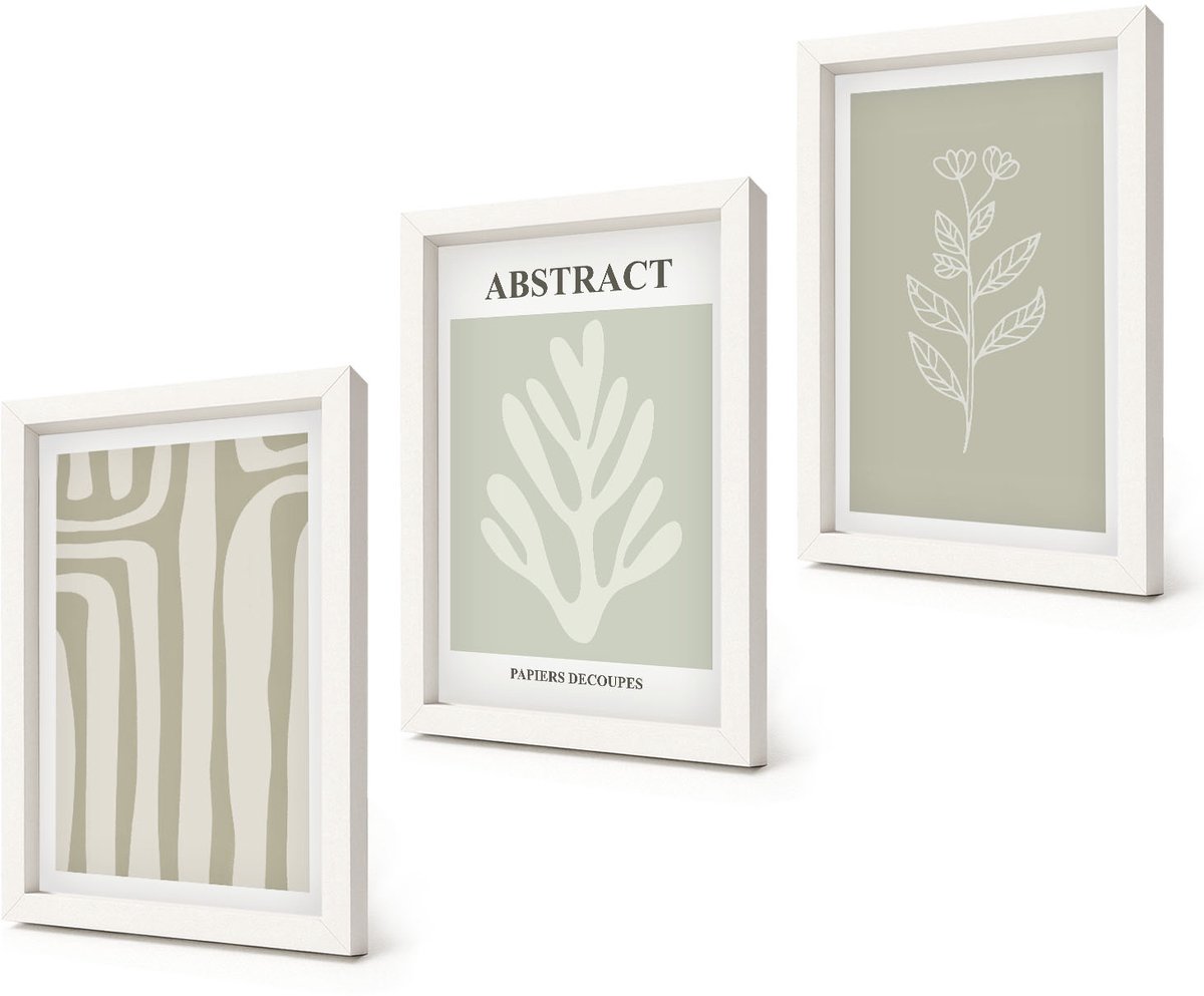 Coloray 3-Delige Schilderij Set - Abstracte plantpatronen in ingetogen kleuren - 20x30 - Moderne Wanddecoratie - Slaapkamer - Woonkamer Decoratie