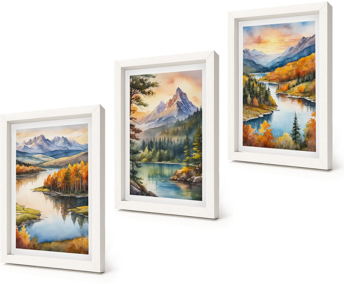 Coloray 3-Delige Schilderij Set - Berglandschappen met een rivier en kleurrijke bomen - 20x30 - Wanddecoratie - Moderne Interieurdecoratie