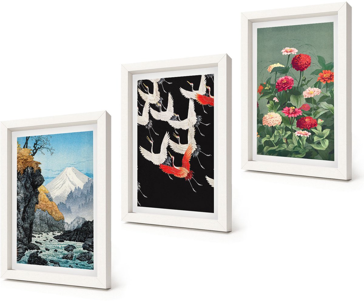Coloray 3-Delige Schilderij Set - Bergen met een waterval, vogels in vlucht en kleurrijke bloemen - 20x30 - Wanddecoratie - Moderne Interieurdecoratie - Moderne Wanddecoratie