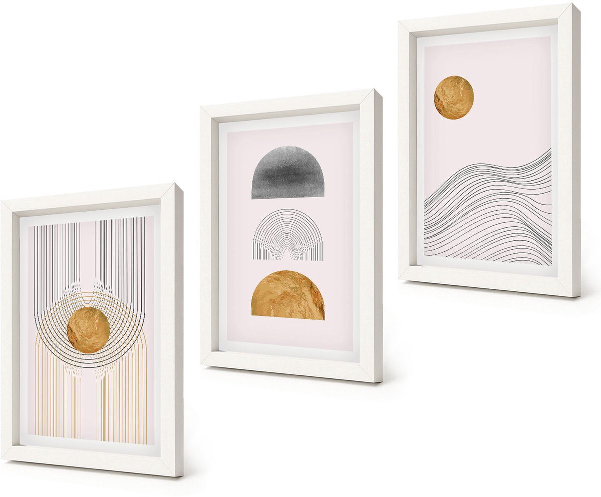 Coloray 3-Delige Schilderij Set - Abstracte vormen en lijnen in beige en grijze tinten. - 20x30 - Muurdecoratie - Wanddecoratie - Hal - Stijlvolle Muurdecoratie