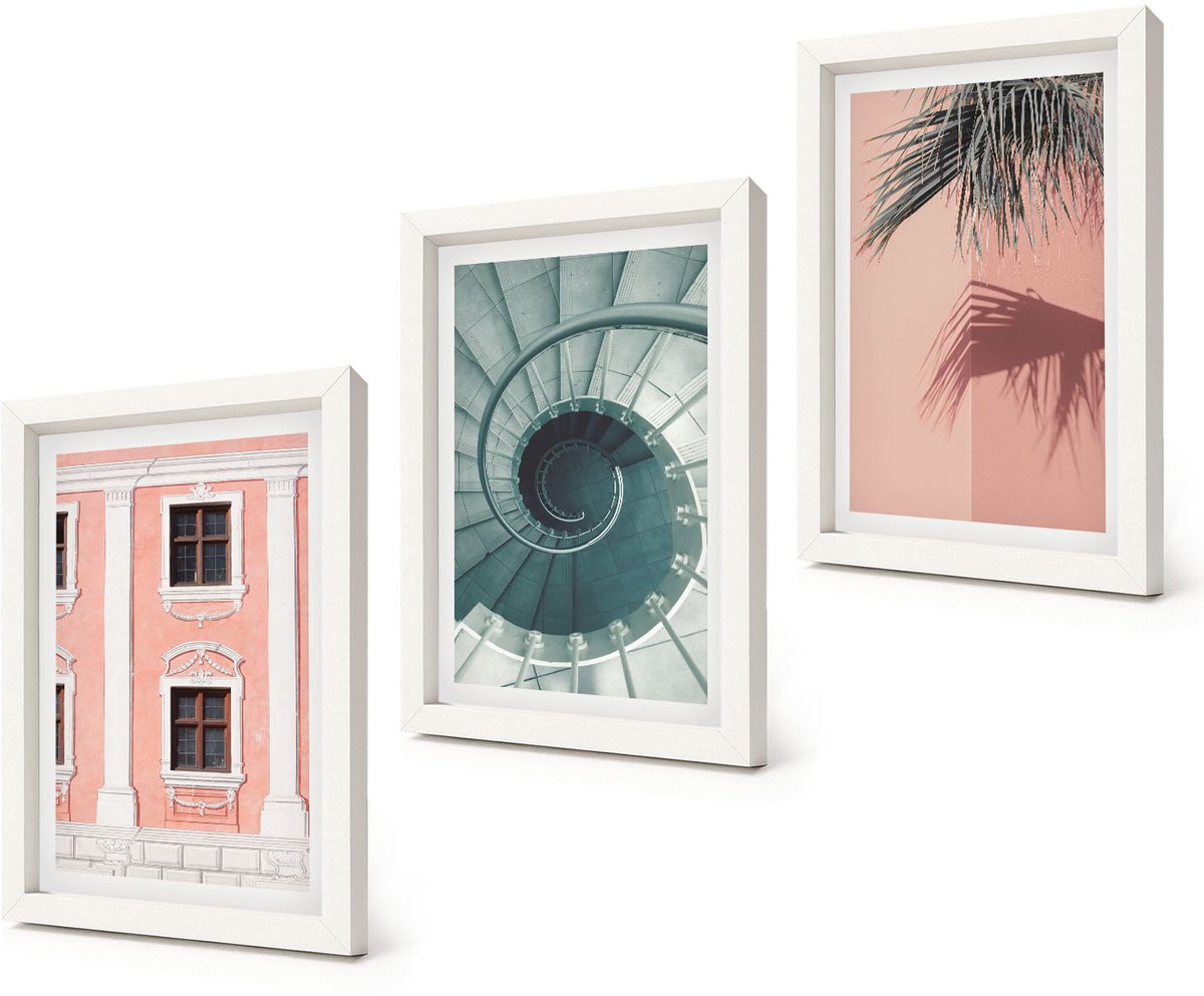 Coloray 3-Delige Schilderij Set - Pastelkleurige architectuur en spiraalpatronen - 20x30 - Moderne Wanddecoratie - Slaapkamer - Decoratieve Schilderijen
