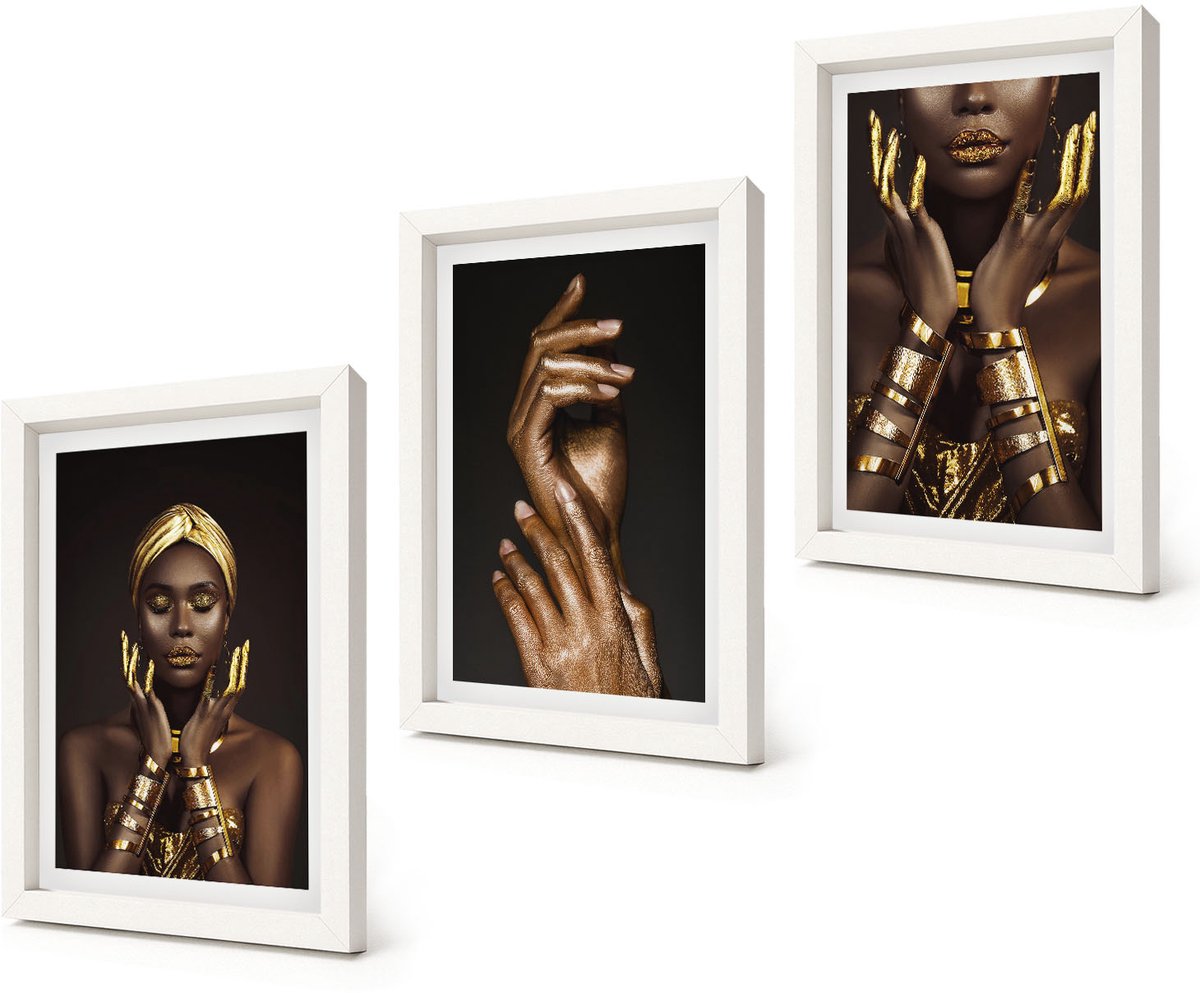 Coloray 3-Delige Schilderij Set - Elegante portretten van een Afrikaanse vrouw - 20x30 - Wanddecoratie - Schilderijen Set - Kantoor - Decoratieve Schilderijen