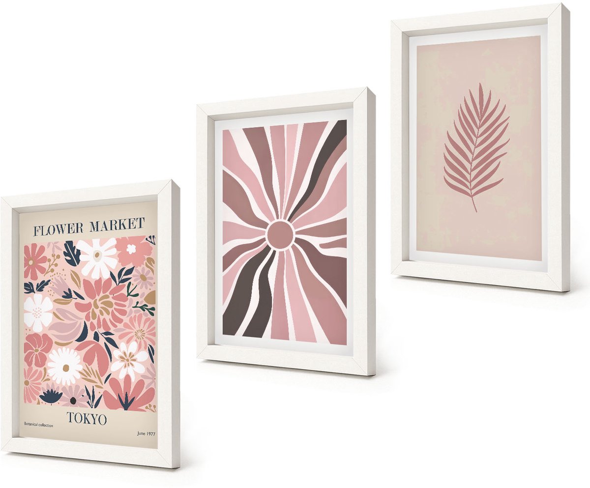 Coloray 3-Delige Schilderij Set - Bloemmotieven met bladeren en geometrische vormen - 20x30 - Moderne Wanddecoratie - Woonkamer