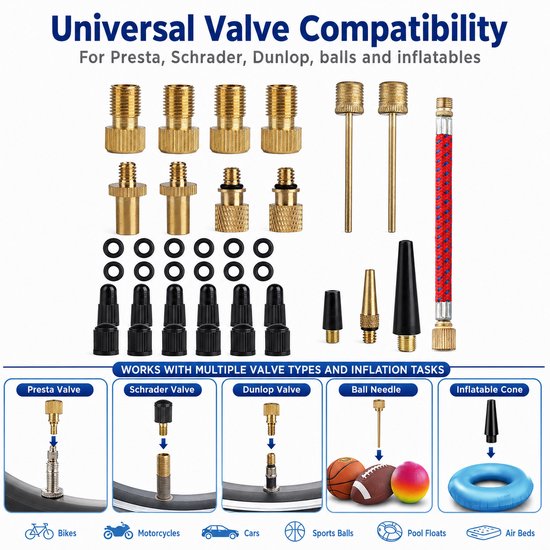 Ventiel Adapter Set Fiets - 38 Delige Ventielset - Fiets Ventiel Verloopstukken - Balnaalden & Pomp Adapters - Universele Fietsaccessoires — afbeelding 3