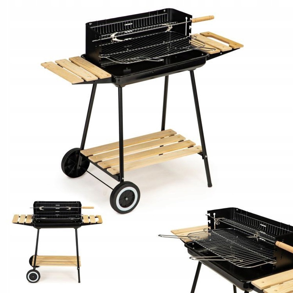 Merkloos Houtskool Tuin Gril met Wielen, Planken & Draaispit