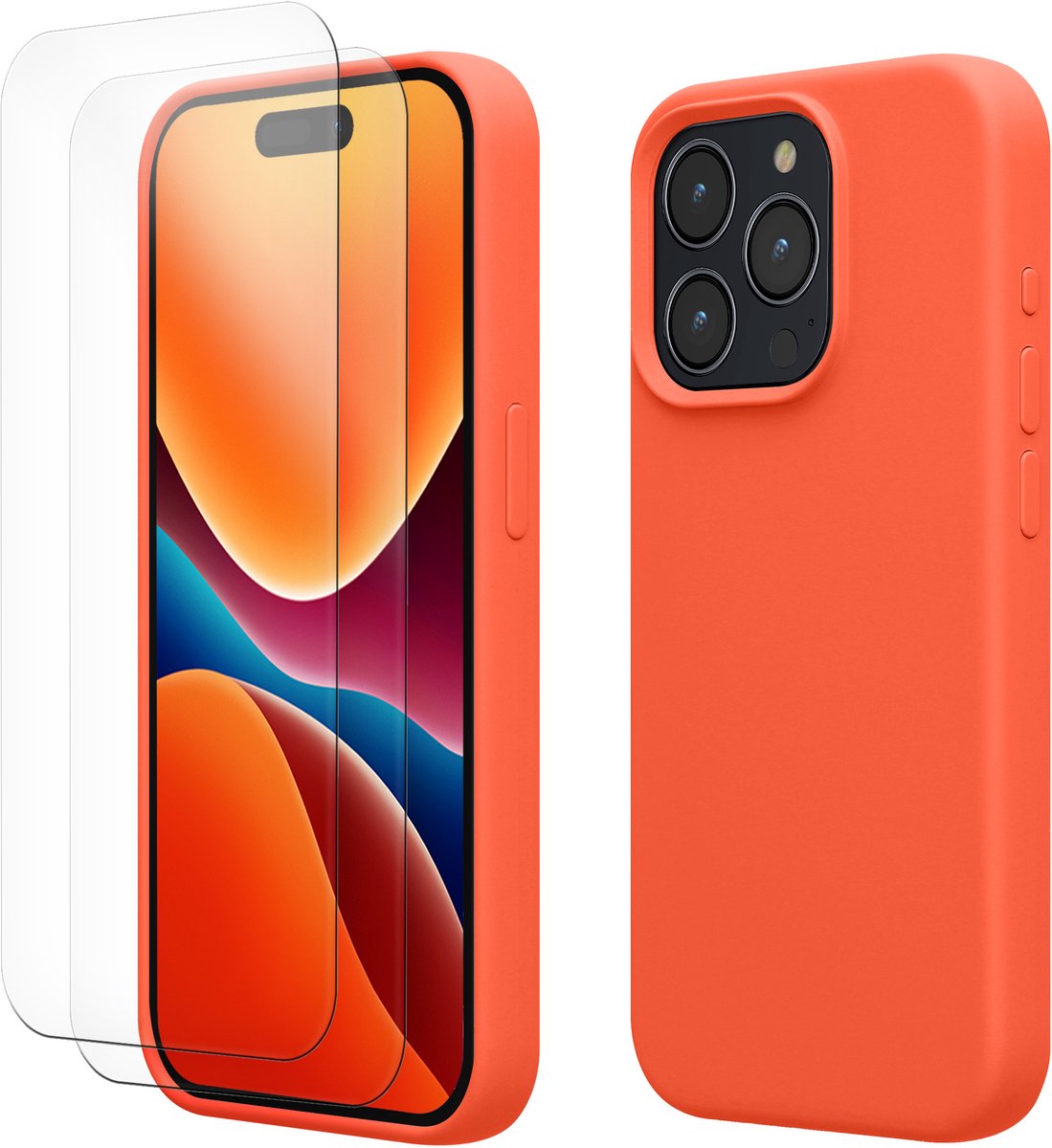 kwmobile hoes met 2x screenprotectors voor Apple iPhone 15 Pro – screenprotector van gehard glas – draadloos opladen – levendig koraal