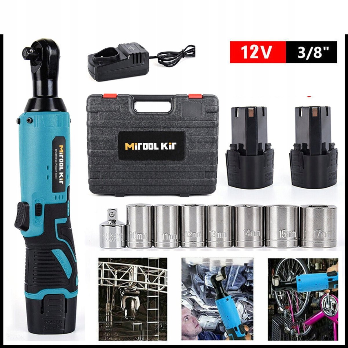Elektrisch Ratelsleutel - Draadloze Ratelsleutel - Oplaadbare Ratelgereedschap - LED Verlichting - 90° Gebogen Kop - 12V - 45Nm - 3/8” - Dubbele Accu - Ratelset - Voor Autoreparatie & Meubelmontage - Blauw