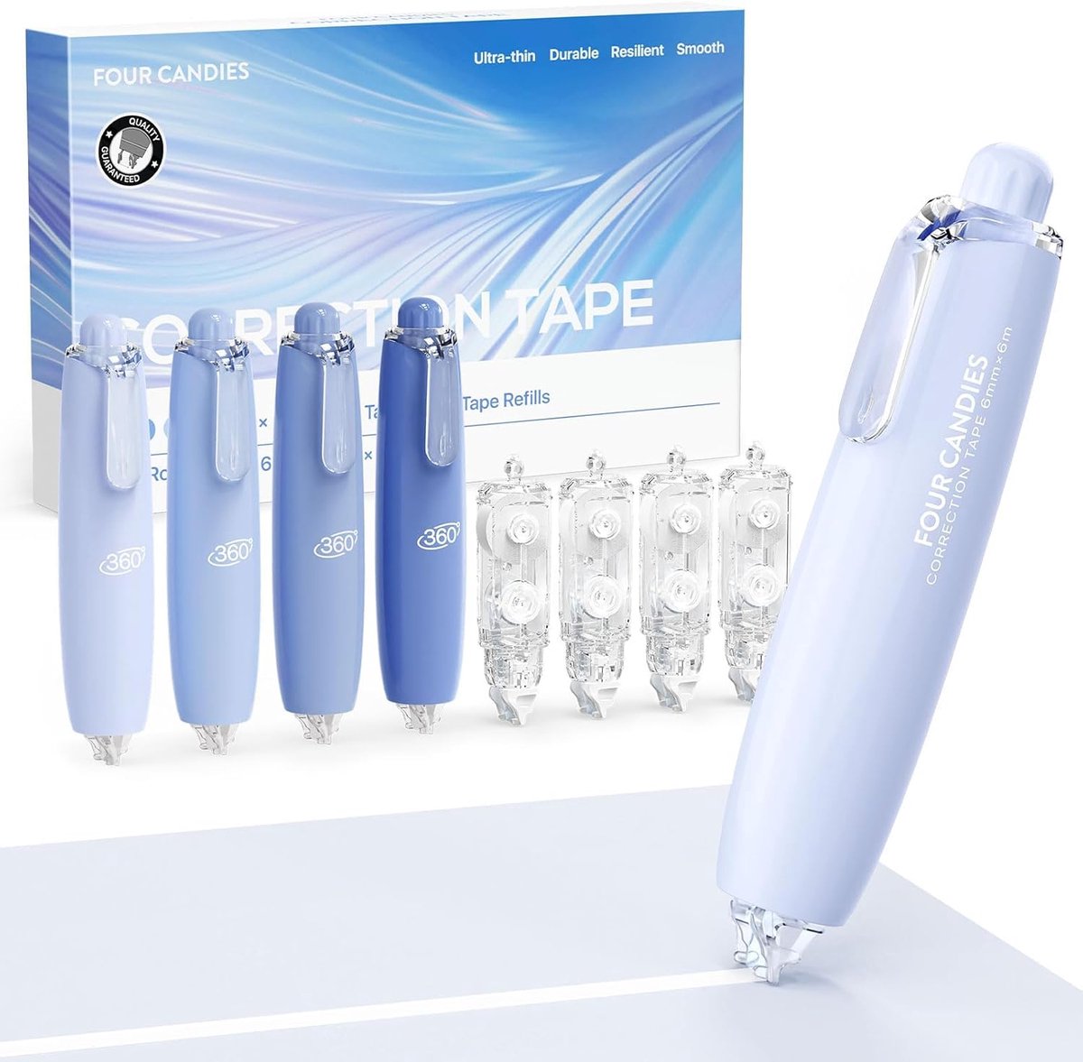 Four Candies Refillable Retractable White Correction Tape, 4 Pcs Smooth White Pull-Out Tape with 4 Extra Refills, Easy - ShopVlot