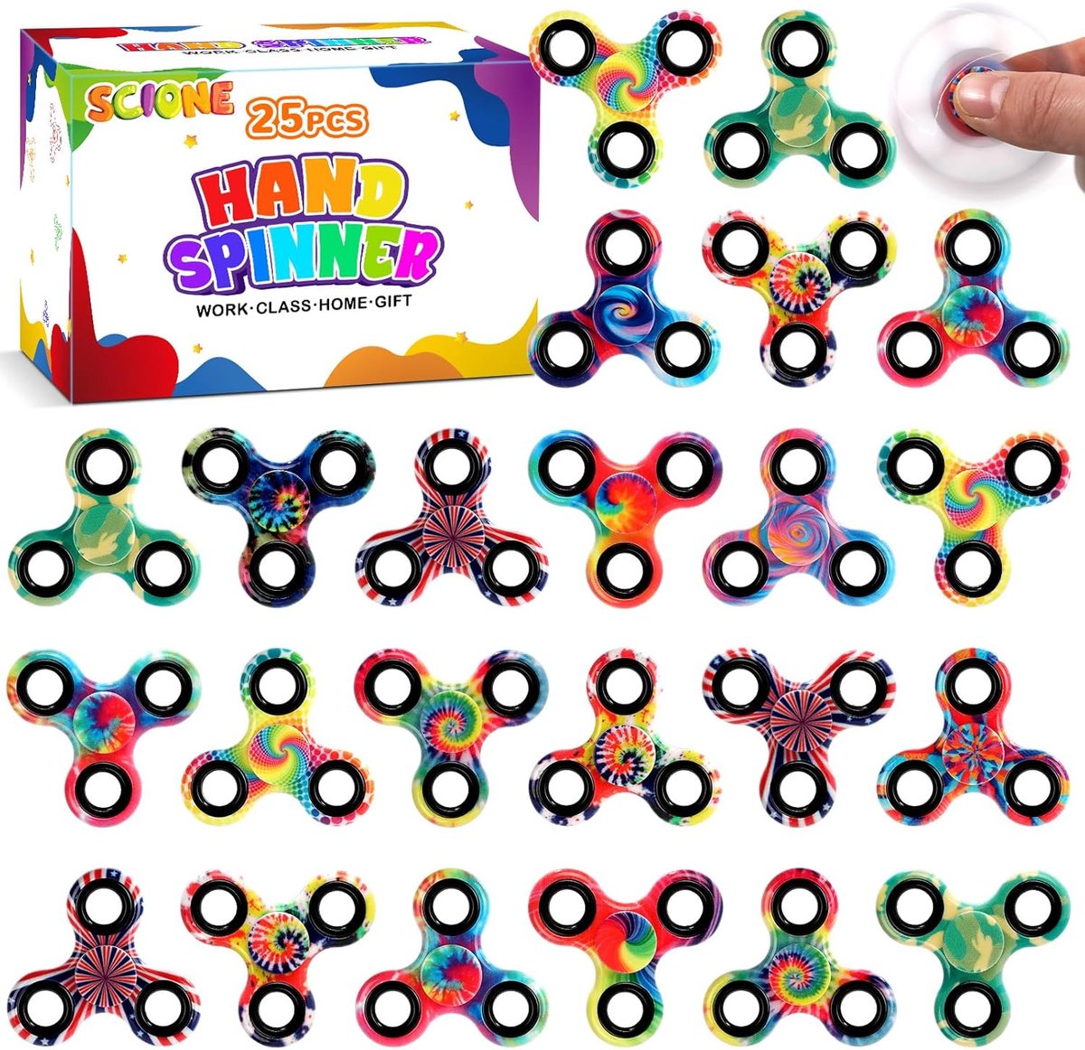 SCIONE [Set van 25] Fidget Spinner Tie Dye & Camouflage (5,5 cm), High-Speed Handspinner, Uitdeelcadeautjes - ShopVlot