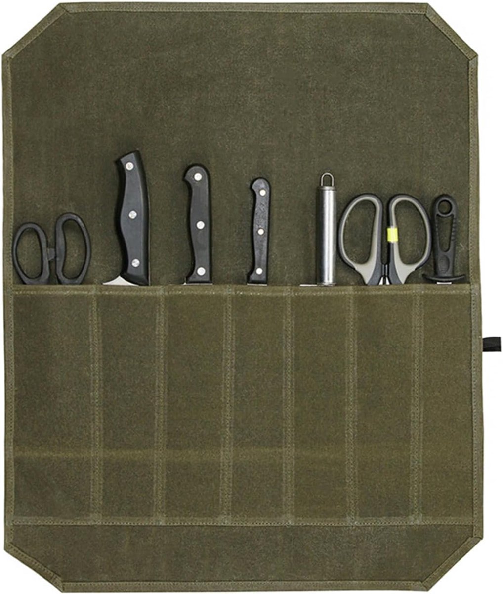 Kaiyaya Chef Knives Knife Roll - Portable Waterproof 7 Slot Knife Bag, Waxed Canvas for Camping and Hiking (Army - ShopVlot