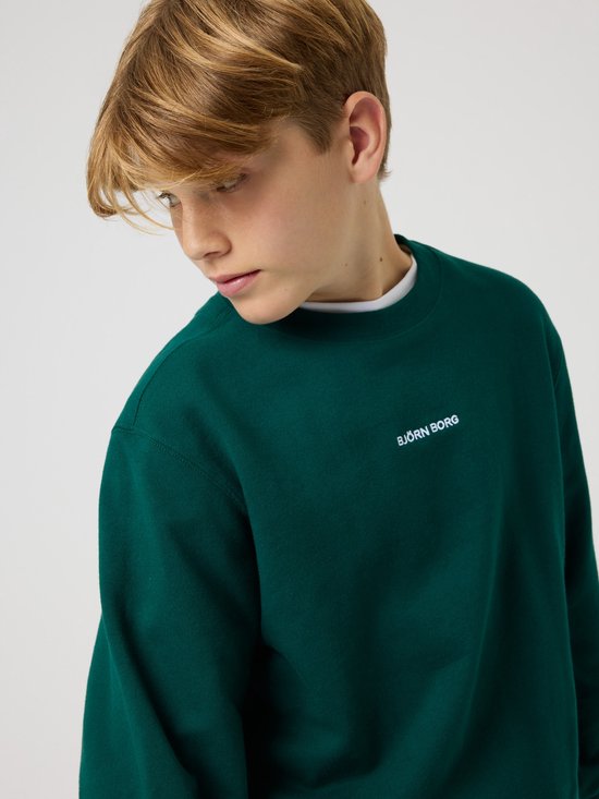 Jongen in een donkergroene sweater met opdruk 'BJÖRN BORG' in wit op de borst.