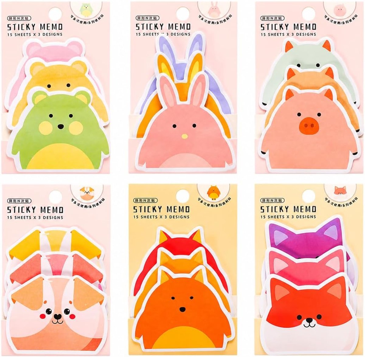 6 verpakkingen zelfklevende notities met schattige diermotieven, 270 stuks, Kawaii schrijfwaren, ideaal voor kantoor - ShopVlot