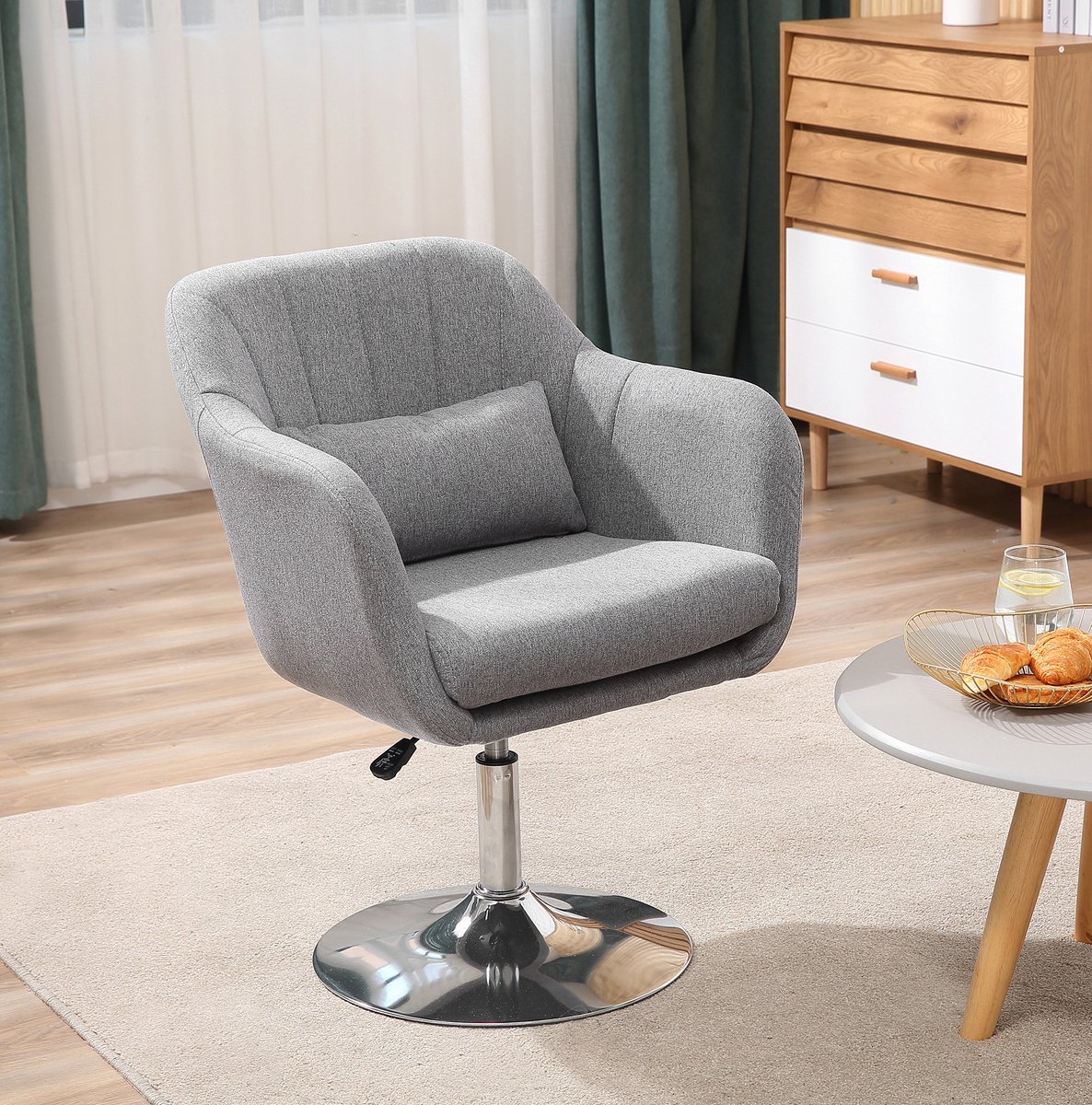 FloraGrace Fauteuil 60 x 60 x 79 - 91 cm - Draaibaar En In Hoogte Verstelbaar Met Armleuningen En Lendensteun - Voor Woonkamer Of Werkkamer - Stof - Grijs