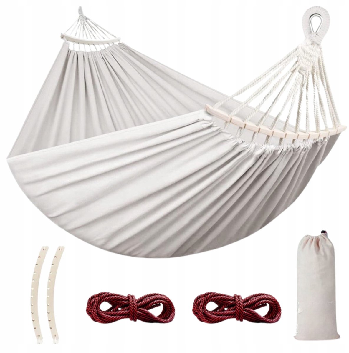 Dubbele Hangmat 220x150cm Wit - Sterk & Comfortabel met Spreidstok & Tas
